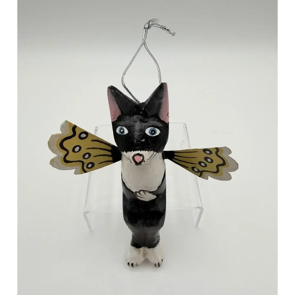 Wooden Hand Painted Angel Cat with Wings Shelf Sitter Ornament Figurine 5.5”